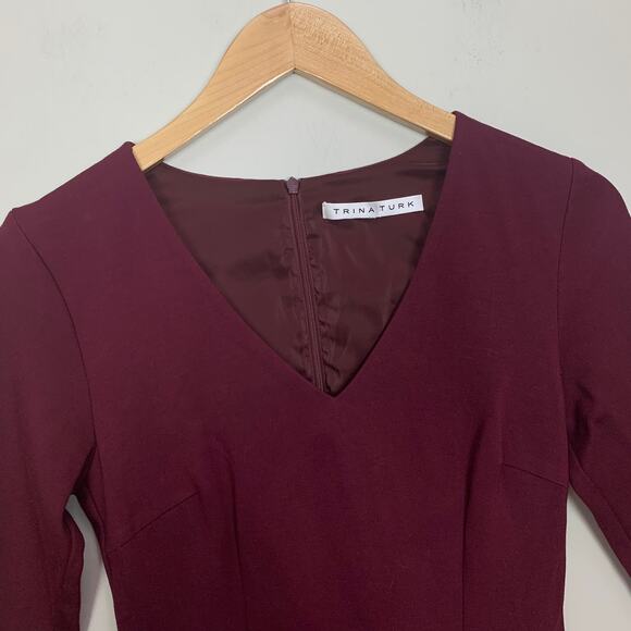 Trina Turk Wine Red Burgundy Song V Neck Ponte Knit Dress Fit & Flare XS 0 2 - Picture 6 of 11